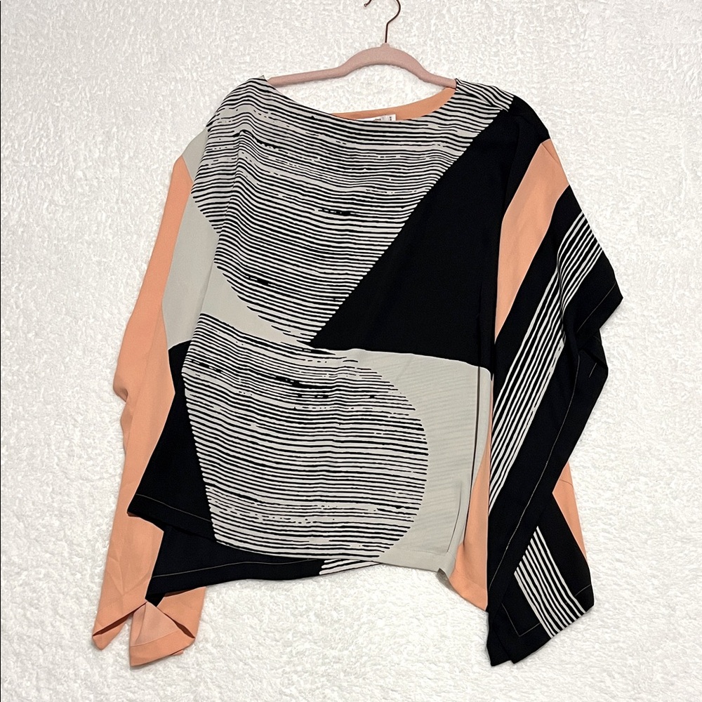 Chico's Modern Print Scarf Blouse in Peach and Black‎ S/M